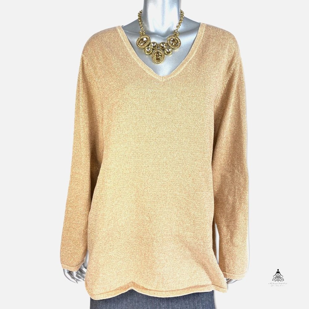 Maggie Barnes Gold V-Neck Metallic Sweater 1X